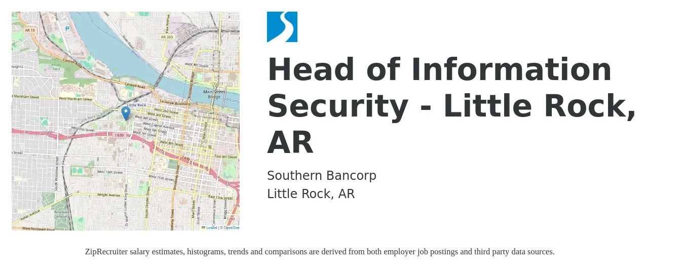Southern Bancorp job posting for a Head of Information Security - Little Rock, AR in Little Rock, AR with a salary of $102,500 to $122,600 Yearly with a map of Little Rock location.