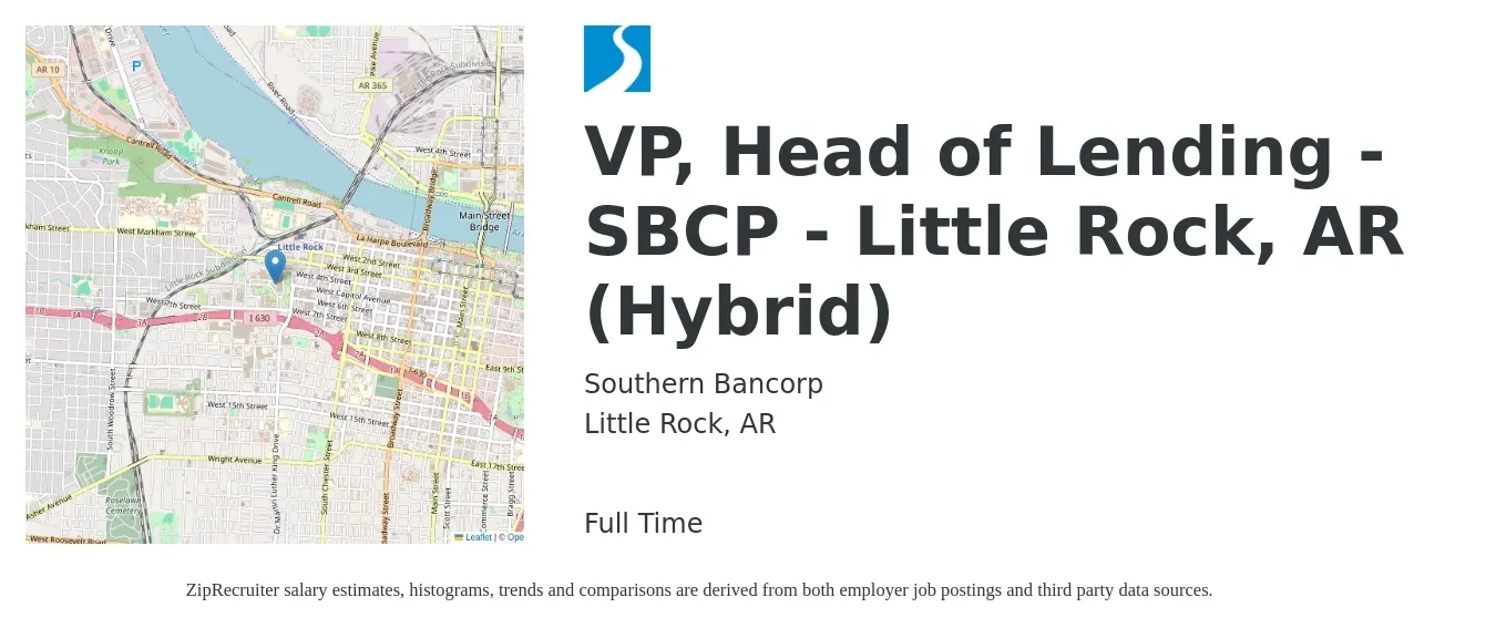 Southern Bancorp job posting for a VP, Head of Lending - SBCP - Little Rock, AR (Hybrid) in Little Rock, AR with a salary of $94,300 to $155,800 Yearly with a map of Little Rock location.