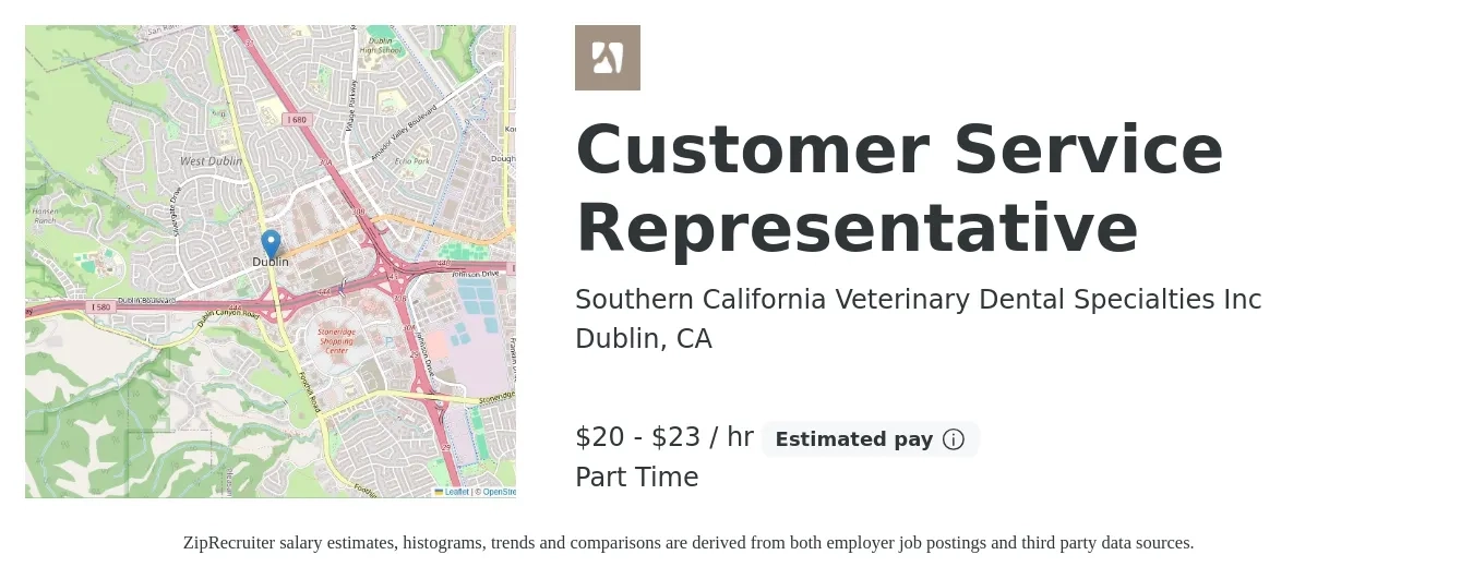Southern California Veterinary Dental Specialties Inc job posting for a Customer Service Representative in Dublin, CA with a salary of $21 to $24 Hourly with a map of Dublin location.