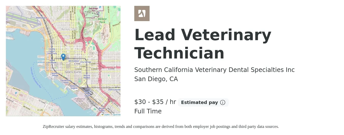 Southern California Veterinary Dental Specialties Inc job posting for a Lead Veterinary Technician in San Diego, CA with a salary of $32 to $37 Hourly with a map of San Diego location.