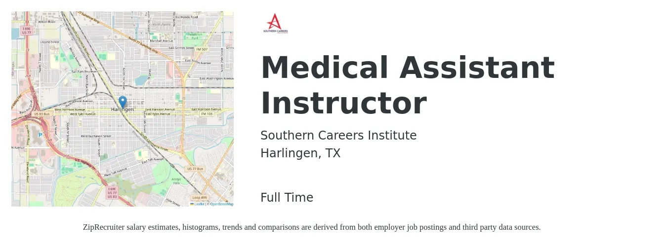 Southern Careers Institute job posting for a Medical Assistant Instructor in Harlingen, TX with a salary of $20 to $28 Hourly with a map of Harlingen location.