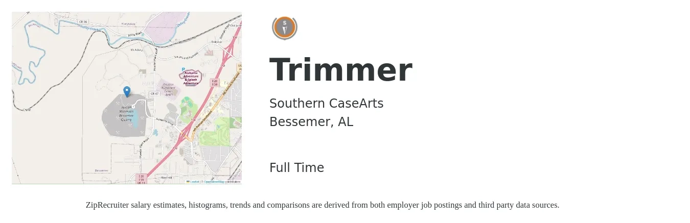Southern CaseArts job posting for a Trimmer in Bessemer, AL with a salary of $14 to $16 Hourly with a map of Bessemer location.
