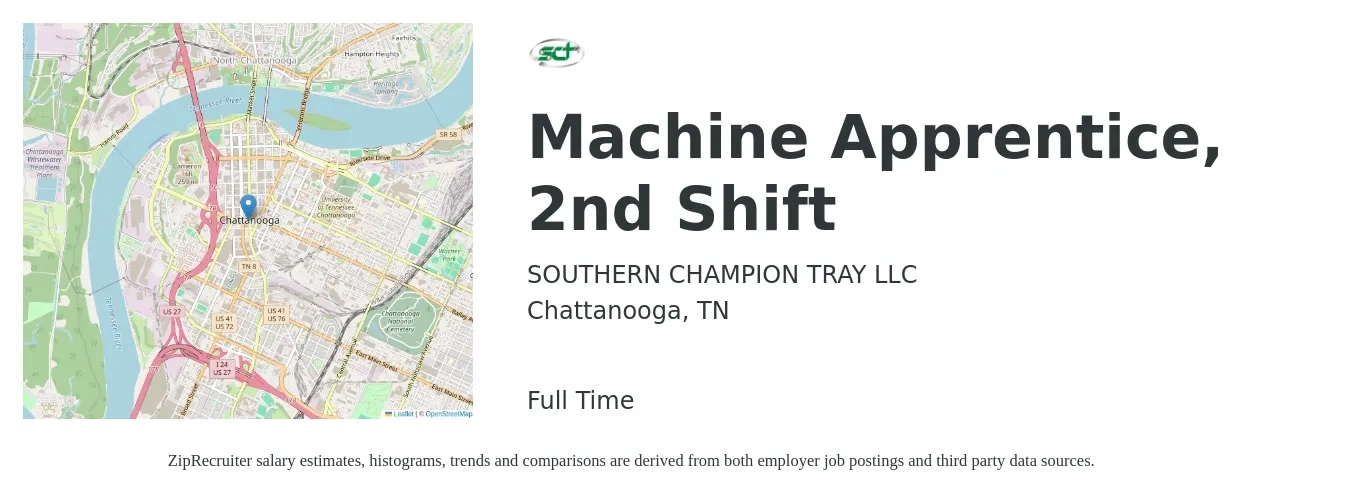 SOUTHERN CHAMPION TRAY LLC job posting for a Machine Apprentice, 2nd Shift in Chattanooga, TN with a salary of $16 to $21 Hourly with a map of Chattanooga location.