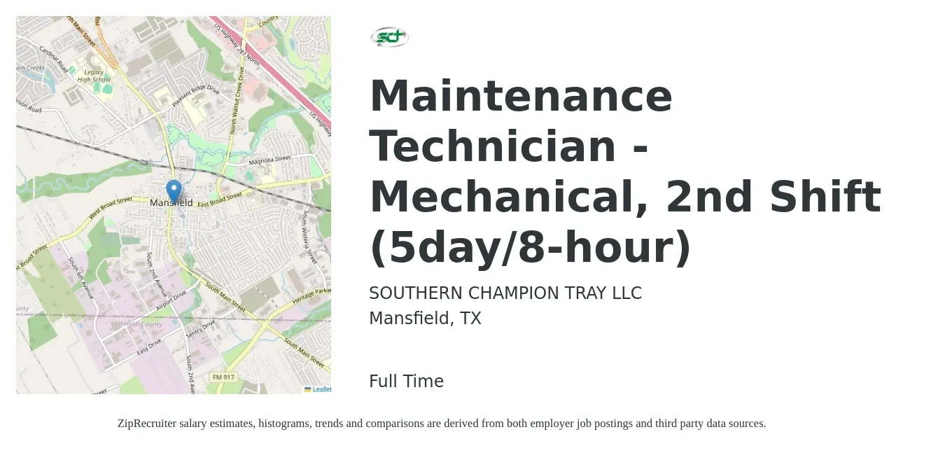 SOUTHERN CHAMPION TRAY LLC job posting for a Maintenance Technician - Mechanical, 2nd Shift (5day/8-hour) in Mansfield, TX with a salary of $21 to $27 Hourly with a map of Mansfield location.