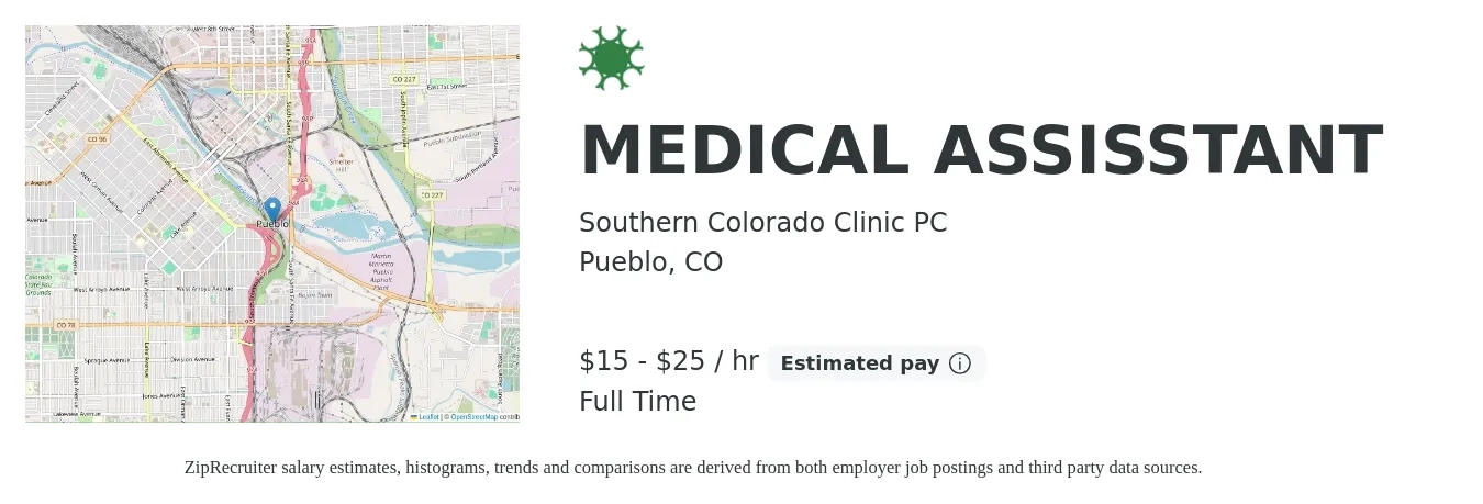 Southern Colorado Clinic PC job posting for a MEDICAL ASSISSTANT in Pueblo, CO with a salary of $16 to $26 Hourly with a map of Pueblo location.