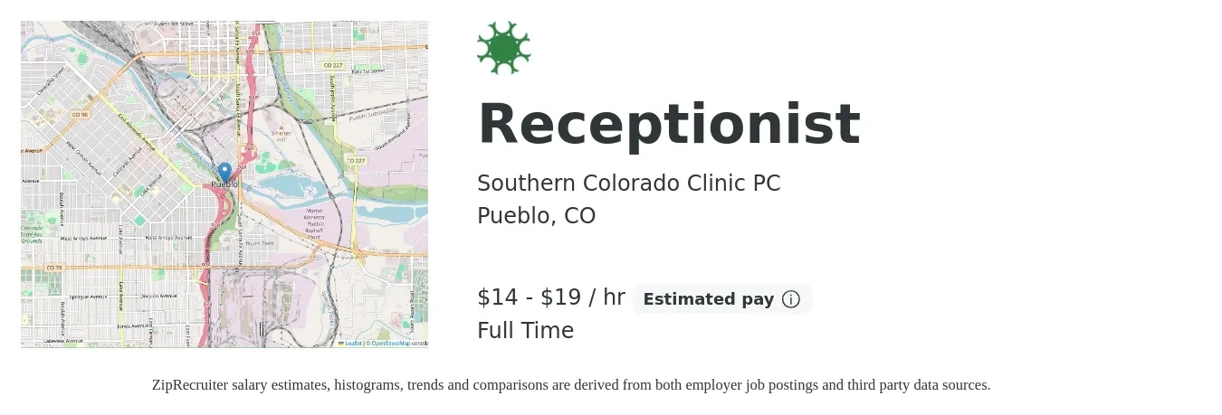 Southern Colorado Clinic PC job posting for a Receptionist in Pueblo, CO with a salary of $15 to $20 Hourly with a map of Pueblo location.