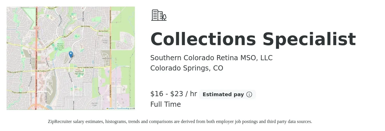 Southern Colorado Retina MSO, LLC job posting for a Collections Specialist in Colorado Springs, CO with a salary of $17 to $25 Hourly with a map of Colorado Springs location.