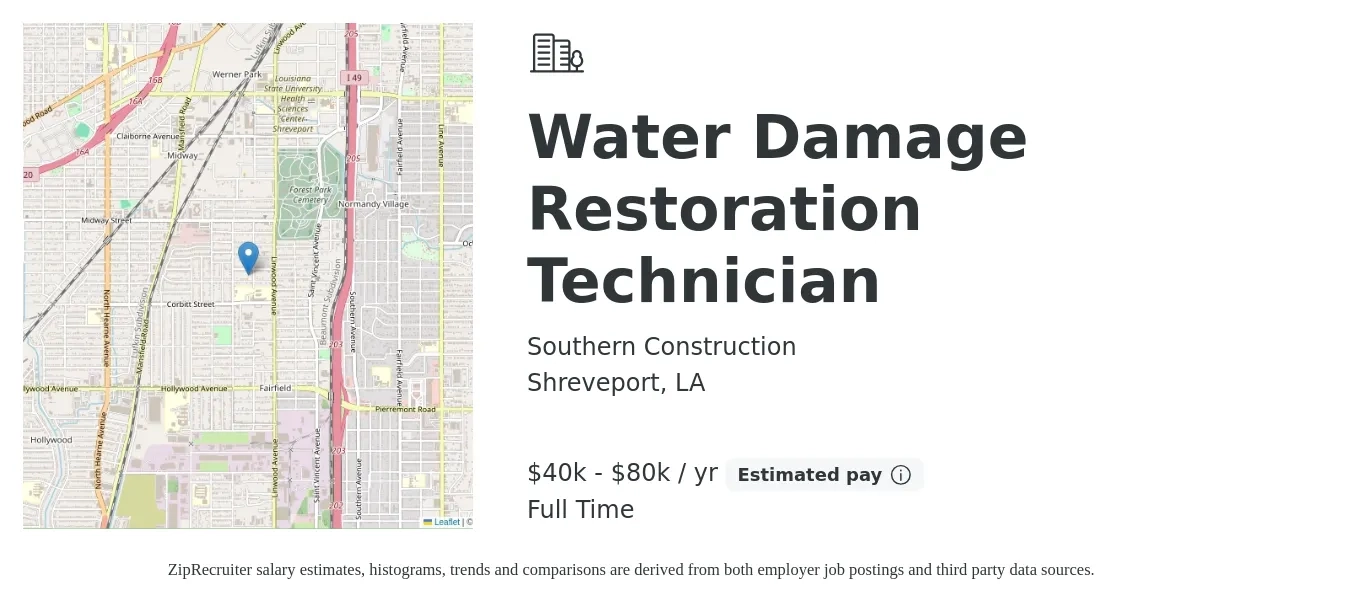 Southern Construction job posting for a Water Damage Restoration Technician in Shreveport, LA with a salary of $40,000 to $80,000 Yearly with a map of Shreveport location.