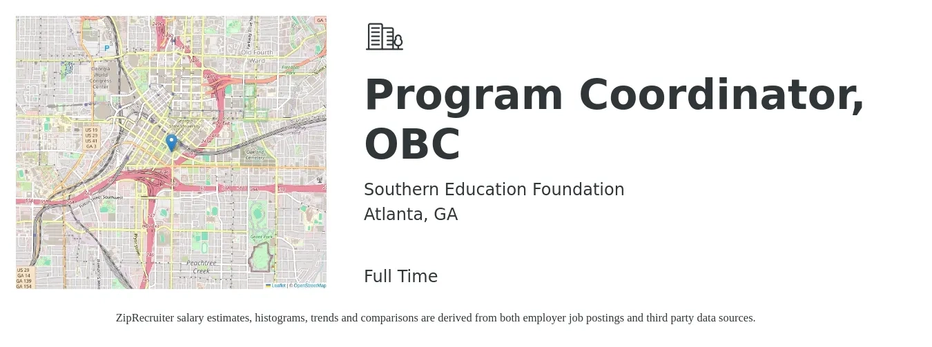 Southern Education Foundation job posting for a Program Coordinator, OBC in Atlanta, GA with a salary of $40,400 to $59,600 Yearly with a map of Atlanta location.