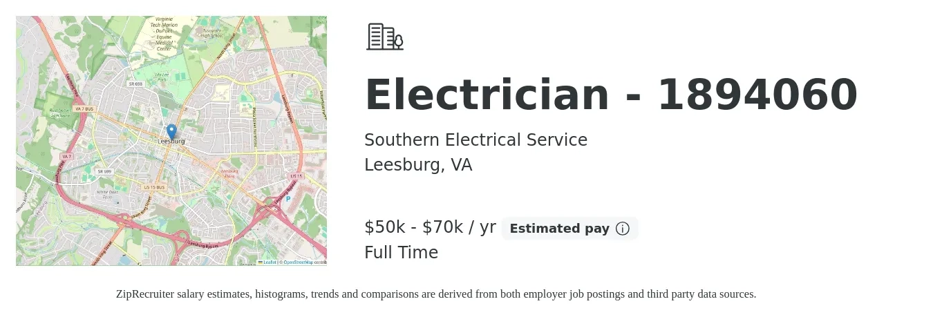 Southern Electrical Service job posting for a Electrician - 1894060 in Leesburg, VA with a salary of $50,000 to $70,000 Yearly with a map of Leesburg location.