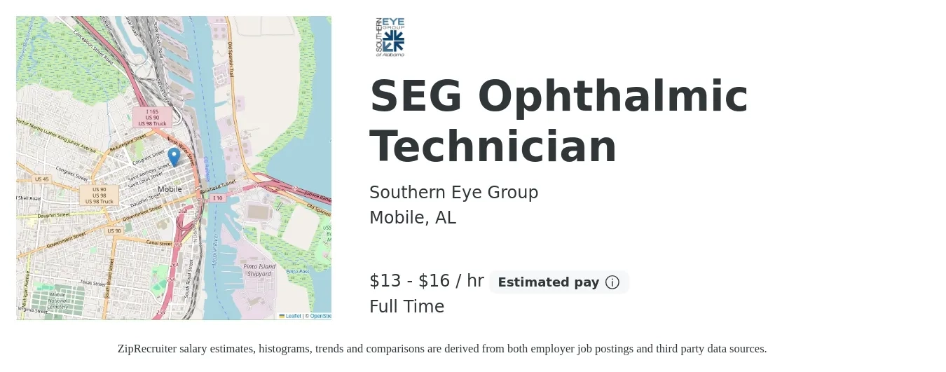 Southern Eye Group job posting for a SEG Ophthalmic Technician in Mobile, AL with a salary of $14 to $17 Hourly with a map of Mobile location.