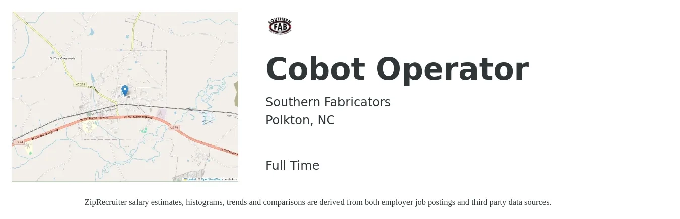 Southern Fabricators job posting for a Cobot Operator in Polkton, NC with a salary of $16 to $22 Hourly with a map of Polkton location.