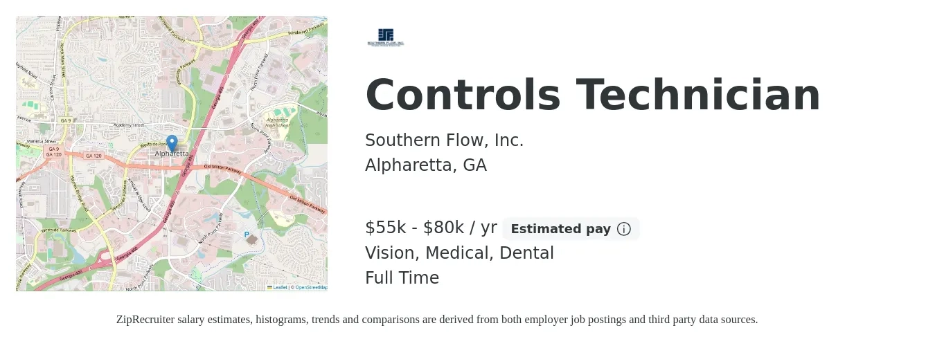 Southern Flow, Inc. job posting for a Controls Technician in Alpharetta, GA with a salary of $55,000 to $80,000 Yearly and benefits including life_insurance, medical, vision, and dental with a map of Alpharetta location.
