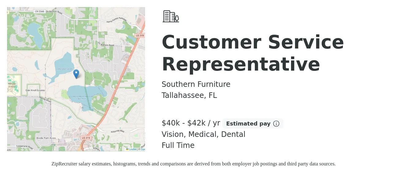 Southern Furniture job posting for a Customer Service Representative in Tallahassee, FL with a salary of $40,000 to $42,000 Yearly and benefits including vision, dental, life_insurance, medical, pto, and retirement with a map of Tallahassee location.