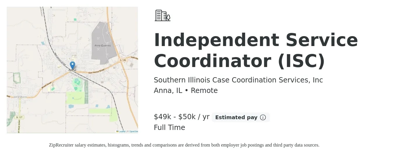 Southern Illinois Case Coordination Services, Inc job posting for a Independent Service Coordinator (ISC) in Anna, IL with a salary of $45,000 to $45,000 Yearly with a map of Anna location.