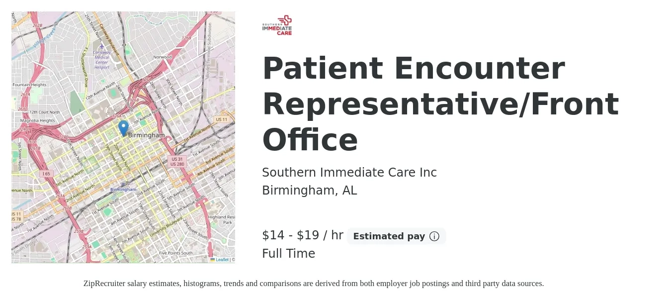 Southern Immediate Care Inc job posting for a Patient Encounter Representative/Front Office in Birmingham, AL with a salary of $15 to $20 Hourly with a map of Birmingham location.