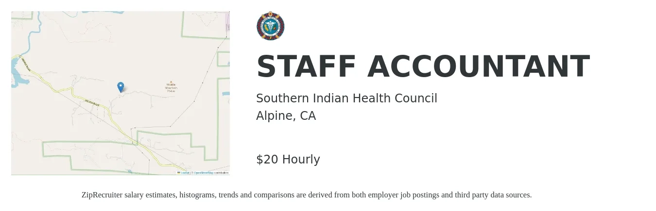Southern Indian Health Council job posting for a Staff Accountant in Alpine, CA with a salary of $21 Hourly with a map of Alpine location.