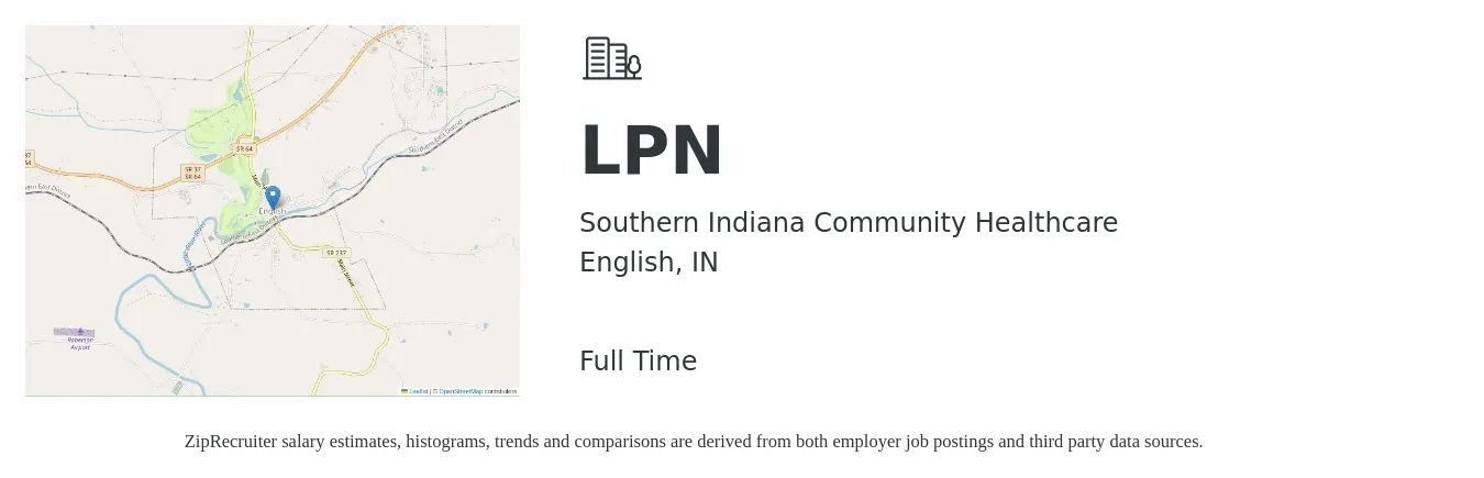 Southern Indiana Community Healthcare job posting for a LPN in English, IN with a salary of $23 to $32 Hourly with a map of English location.
