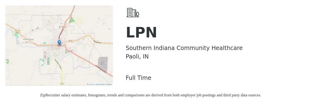 Southern Indiana Community Healthcare job posting for a LPN in Paoli, IN with a salary of $24 to $33 Hourly with a map of Paoli location.