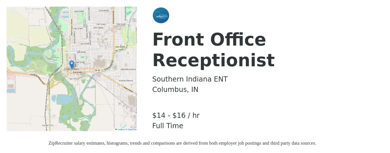 Southern Indiana ENT job posting for a Front Office Receptionist in Columbus, IN with a salary of $16 to $18 Hourly with a map of Columbus location.