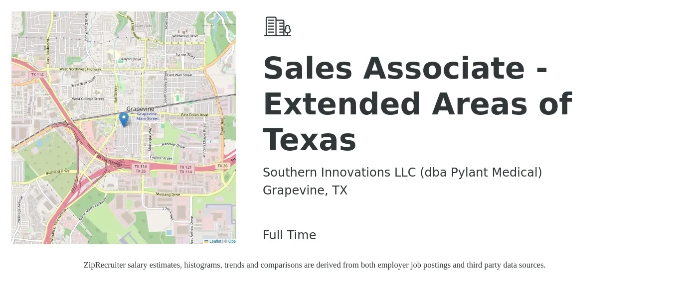 Southern Innovations LLC (dba Pylant Medical) job posting for a Sales Associate - Extended Areas of Texas in Grapevine, TX with a salary of $37,000 to $79,000 Yearly with a map of Grapevine location.