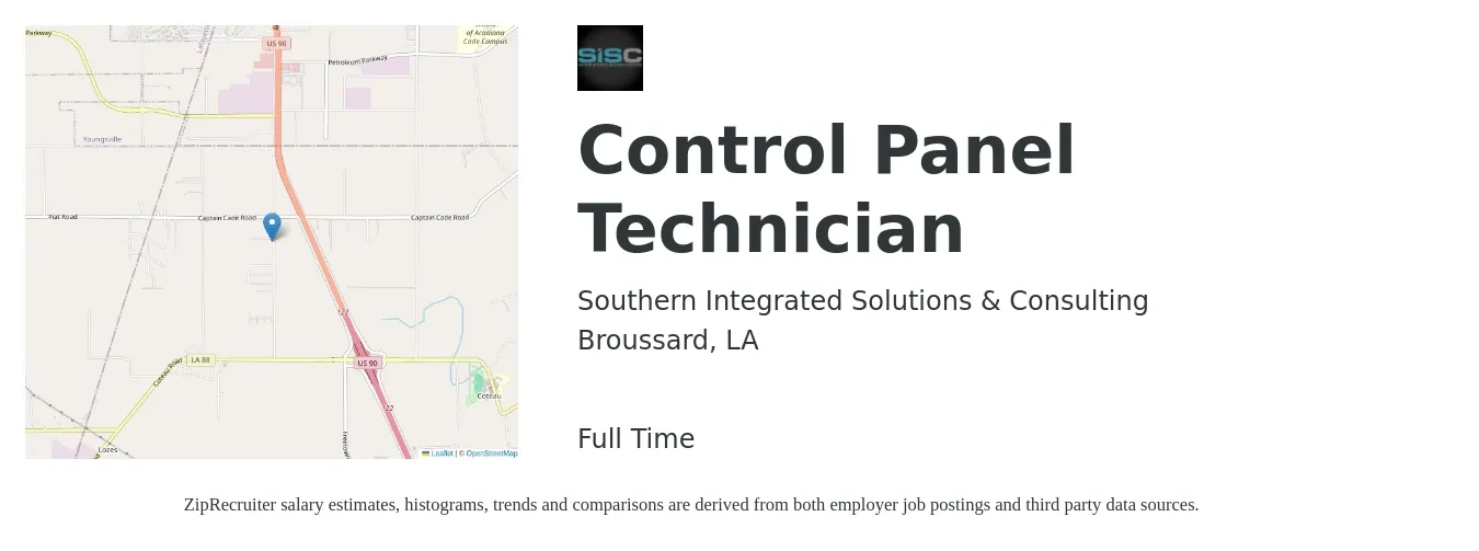 Southern Integrated Solutions & Consulting job posting for a Control Panel Technician in Broussard, LA with a salary of $15 to $20 Hourly with a map of Broussard location.