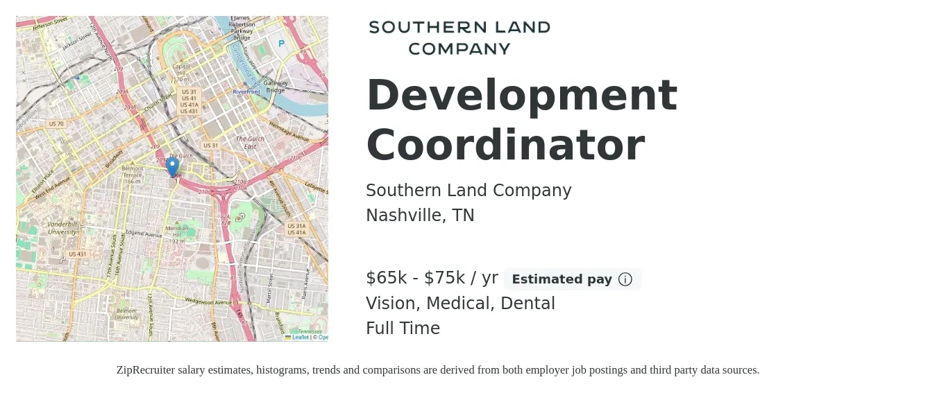 Southern Land Company job posting for a Development Coordinator in Nashville, TN with a salary of $65,000 to $75,000 Yearly and benefits including life_insurance, medical, retirement, vision, and dental with a map of Nashville location.
