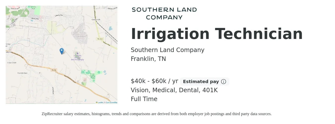 Southern Land Company job posting for a Irrigation Technician in Franklin, TN with a salary of $40,000 to $60,000 Yearly and benefits including dental, life_insurance, medical, vision, and 401k with a map of Franklin location.