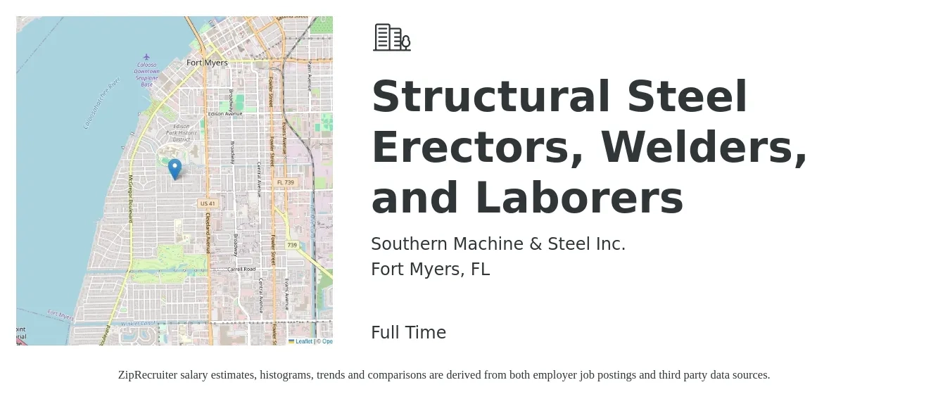 Southern Machine & Steel Inc. job posting for a Structural Steel Erectors, Welders, and Laborers in Fort Myers, FL with a salary of $19 to $26 Hourly with a map of Fort Myers location.