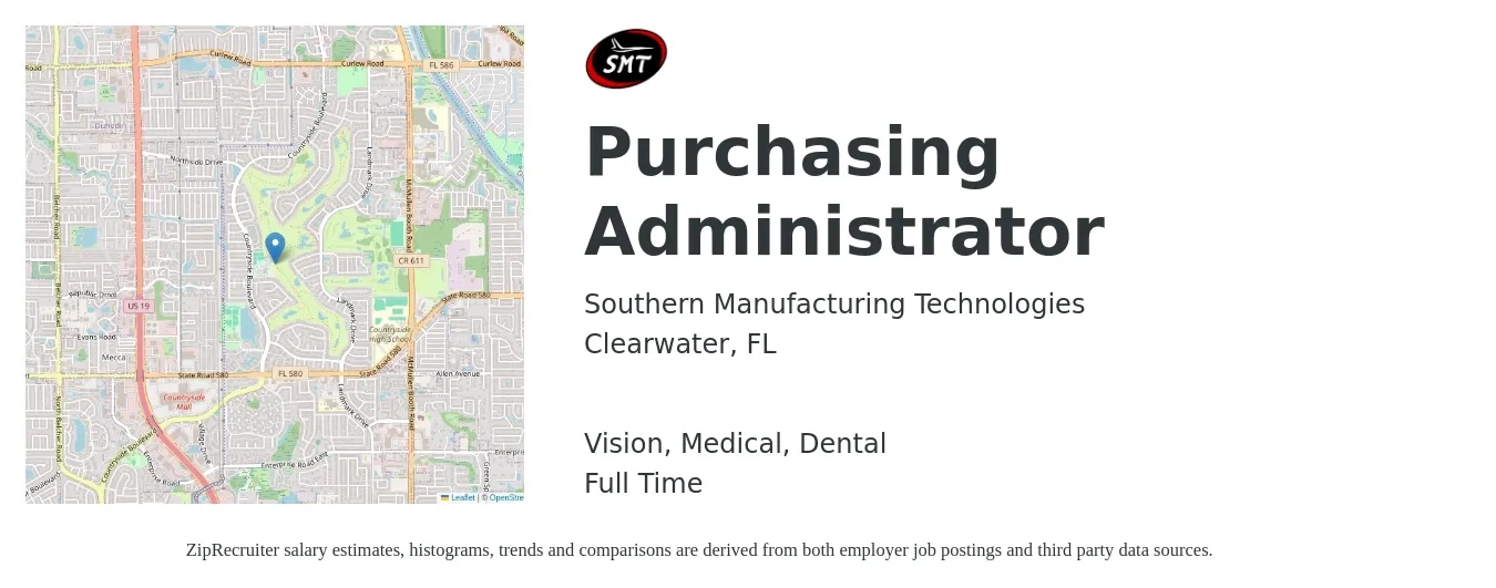 Southern Manufacturing Technologies job posting for a Purchasing Administrator in Clearwater, FL with a salary of $18 to $27 Hourly and benefits including life_insurance, medical, retirement, vision, and dental with a map of Clearwater location.