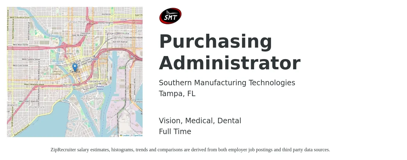 Southern Manufacturing Technologies job posting for a Purchasing Administrator in Tampa, FL with a salary of $19 to $28 Hourly and benefits including life_insurance, medical, retirement, vision, and dental with a map of Tampa location.