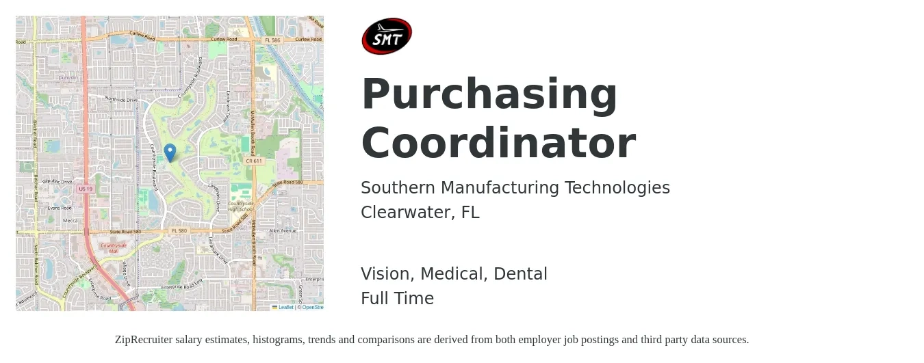 Southern Manufacturing Technologies job posting for a Purchasing Coordinator in Clearwater, FL with a salary of $19 to $26 Hourly and benefits including retirement, vision, dental, life_insurance, and medical with a map of Clearwater location.