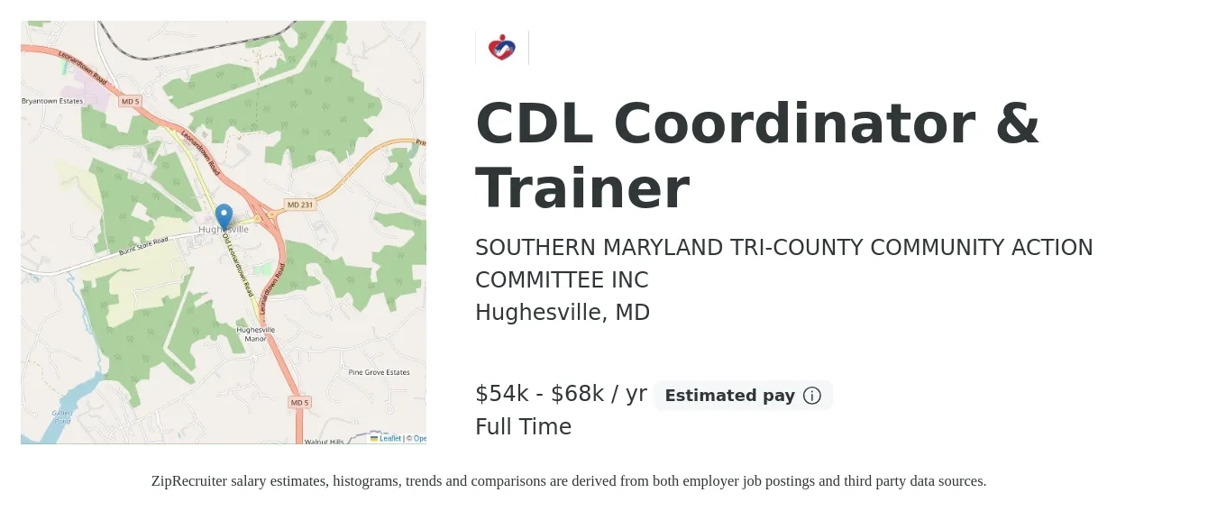 SOUTHERN MARYLAND TRI-COUNTY COMMUNITY ACTION COMMITTEE INC job posting for a CDL Coordinator & Trainer in Hughesville, MD with a salary of $54,816 to $68,520 Yearly with a map of Hughesville location.