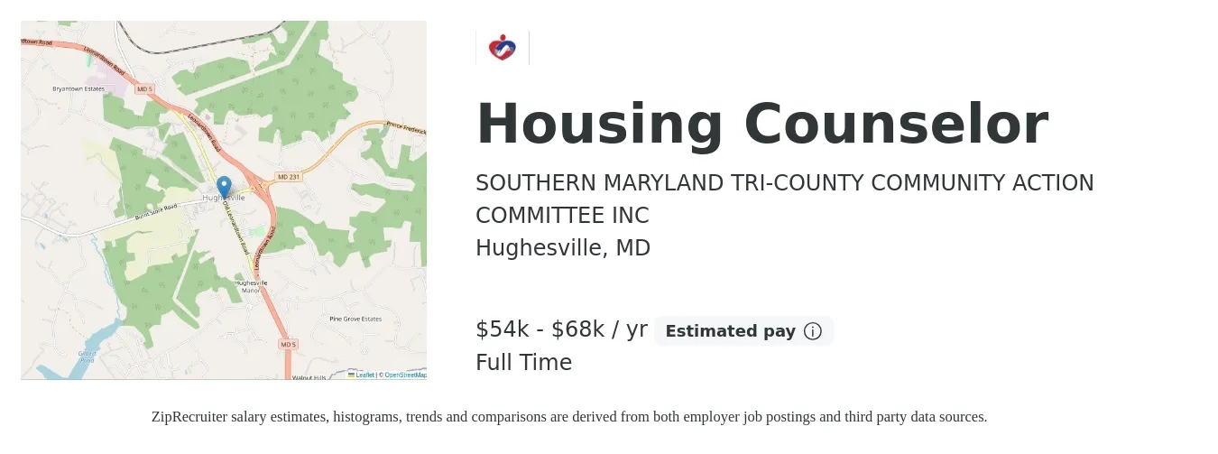 SOUTHERN MARYLAND TRI-COUNTY COMMUNITY ACTION COMMITTEE INC job posting for a Housing Counselor in Hughesville, MD with a salary of $54,816 to $68,520 Yearly with a map of Hughesville location.