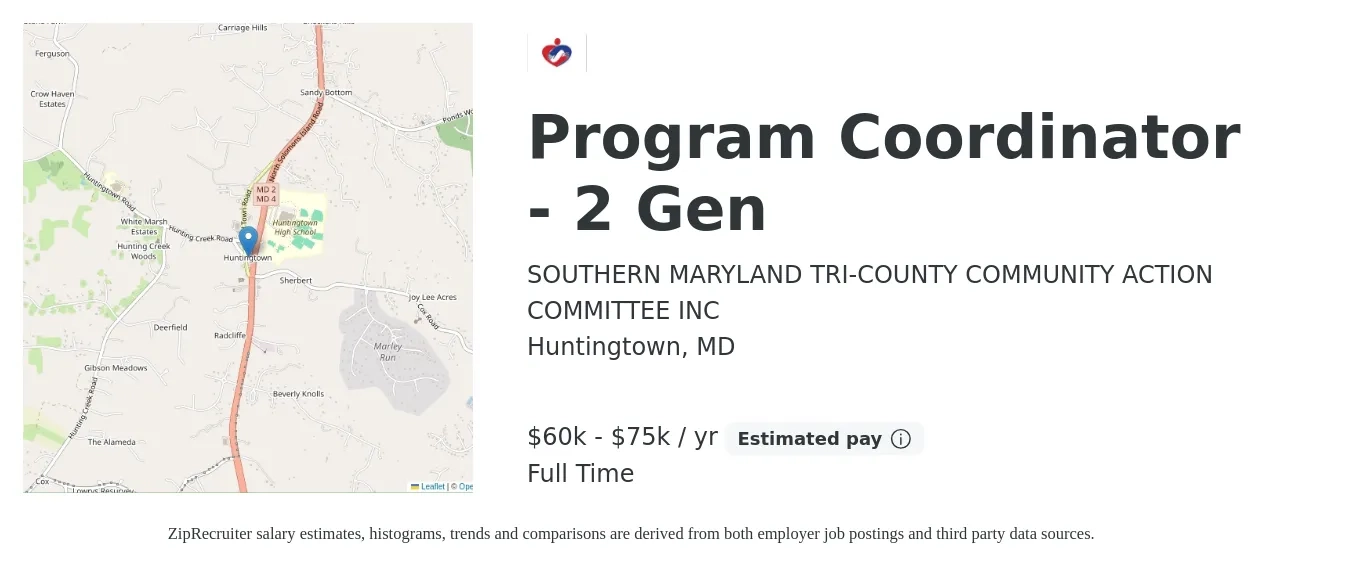 SOUTHERN MARYLAND TRI-COUNTY COMMUNITY ACTION COMMITTEE INC job posting for a Program Coordinator - 2 Gen in Huntingtown, MD with a salary of $60,298 to $75,372 Yearly with a map of Huntingtown location.