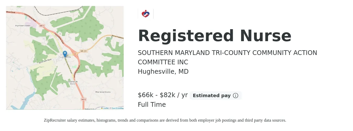 SOUTHERN MARYLAND TRI-COUNTY COMMUNITY ACTION COMMITTEE INC job posting for a Registered Nurse in Hughesville, MD with a salary of $66,327 to $82,909 Yearly with a map of Hughesville location.