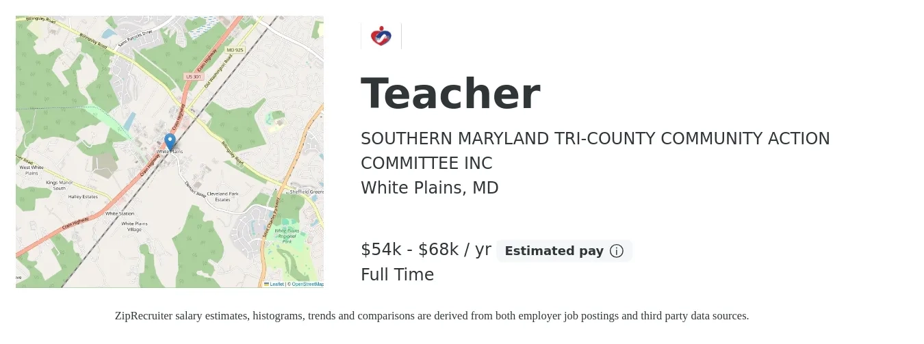 SOUTHERN MARYLAND TRI-COUNTY COMMUNITY ACTION COMMITTEE INC job posting for a Teacher in White Plains, MD with a salary of $54,816 to $68,520 Yearly with a map of White Plains location.