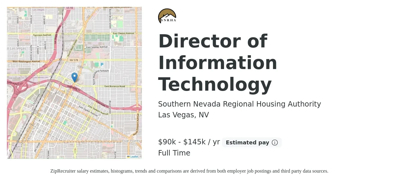 Southern Nevada Regional Housing Authority job posting for a Director of Information Technology in Las Vegas, NV with a salary of $90,720 to $145,030 Yearly with a map of Las Vegas location.