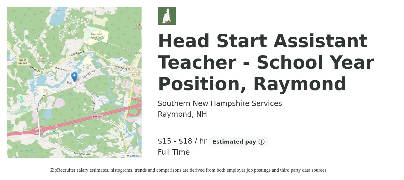 Southern New Hampshire Services job posting for a Head Start Assistant Teacher - School Year Position, Raymond in Raymond, NH with a salary of $17 to $20 Hourly with a map of Raymond location.