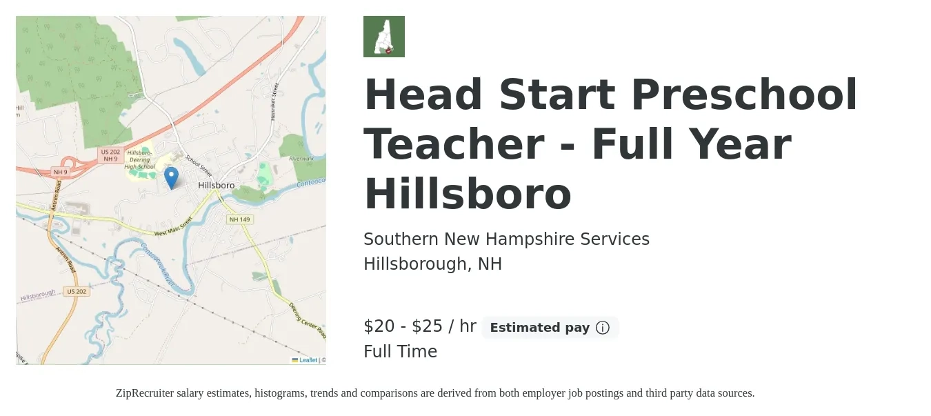 Southern New Hampshire Services job posting for a Head Start Preschool Teacher - Full Year Hillsboro in Hillsborough, NH with a salary of $21 to $27 Hourly with a map of Hillsborough location.