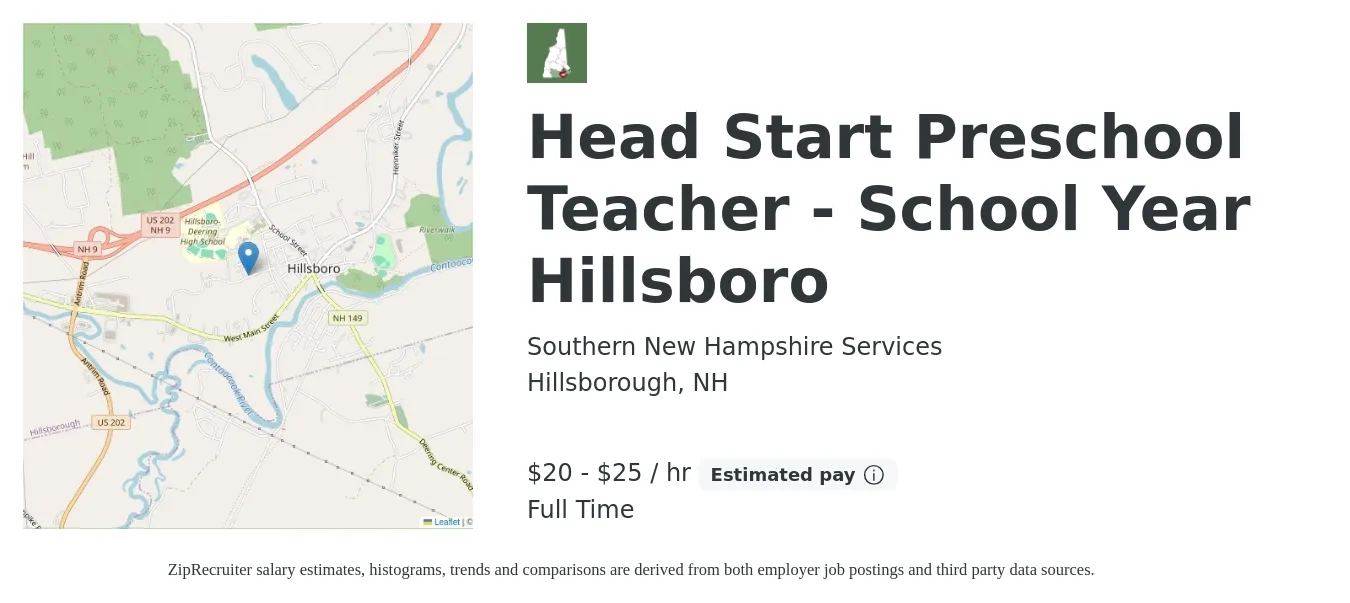 Southern New Hampshire Services job posting for a Head Start Preschool Teacher - School Year Hillsboro in Hillsborough, NH with a salary of $21 to $27 Hourly with a map of Hillsborough location.