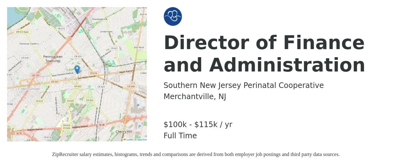 Southern New Jersey Perinatal Cooperative job posting for a Director of Finance and Administration in Merchantville, NJ with a salary of $100,000 to $115,000 Yearly with a map of Merchantville location.