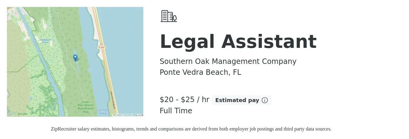 Southern Oak Management Company job posting for a Legal Assistant in Ponte Vedra Beach, FL with a salary of $21 to $27 Hourly with a map of Ponte Vedra Beach location.