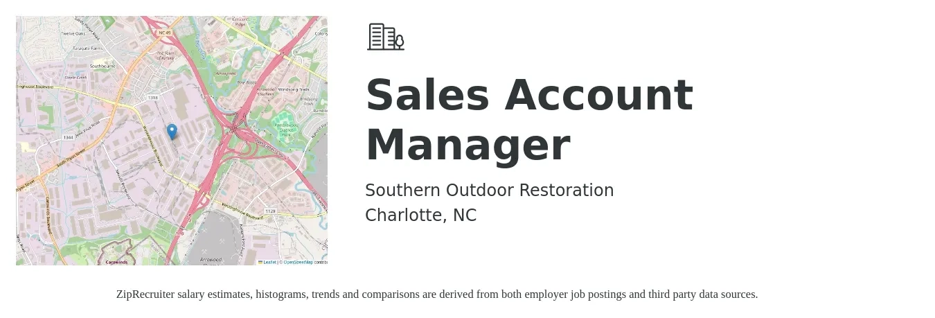 Southern Outdoor Restoration job posting for a Sales Account Manager in Charlotte, NC with a salary of $49,300 to $78,000 Yearly with a map of Charlotte location.