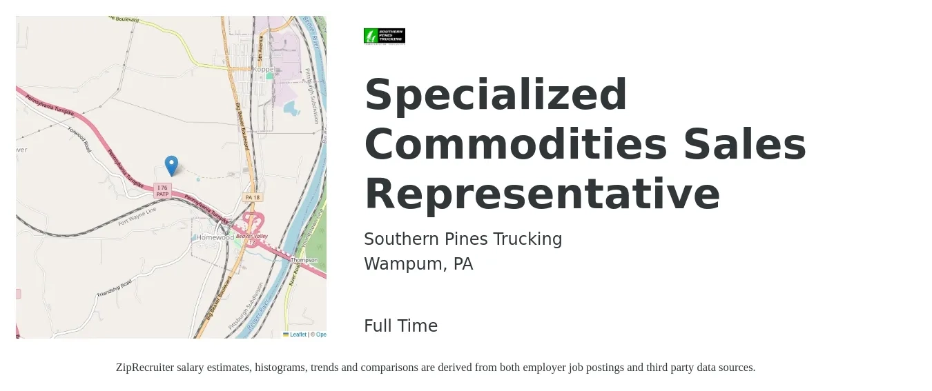Southern Pines Trucking job posting for a Specialized Commodities Sales Representative in Wampum, PA with a salary of $51,900 to $90,300 Yearly with a map of Wampum location.