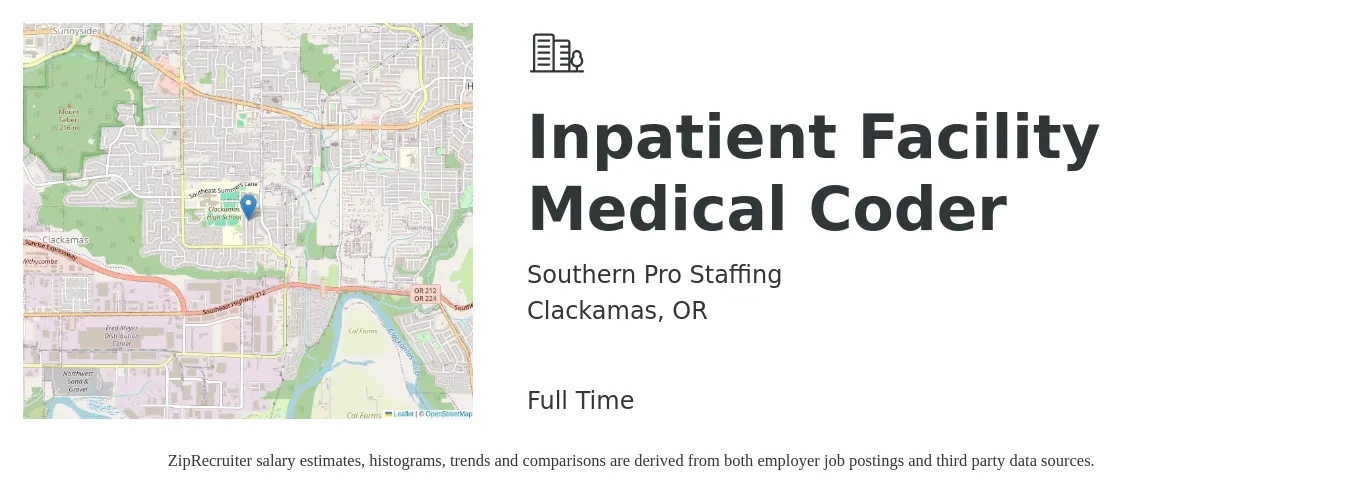 Southern Pro Staffing job posting for a Inpatient Facility Medical Coder in Clackamas, OR with a salary of $20 to $26 Hourly with a map of Clackamas location.