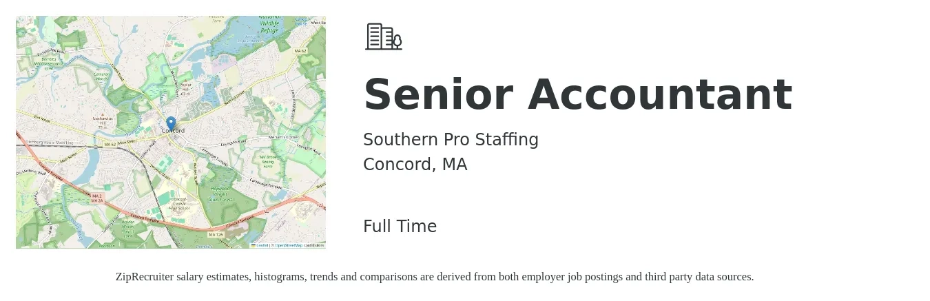Southern Pro Staffing job posting for a Senior Accountant in Concord, MA with a salary of $81,000 to $101,800 Yearly with a map of Concord location.