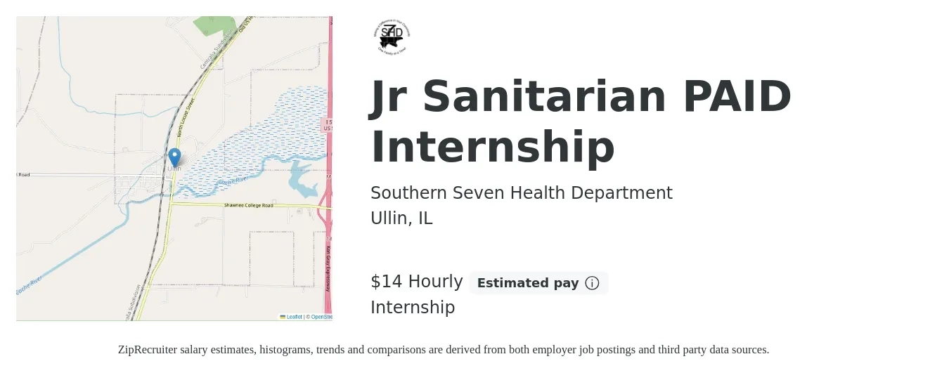 Southern Seven Health Department job posting for a Jr Sanitarian PAID Internship in Ullin, IL with a salary of $15 Hourly with a map of Ullin location.
