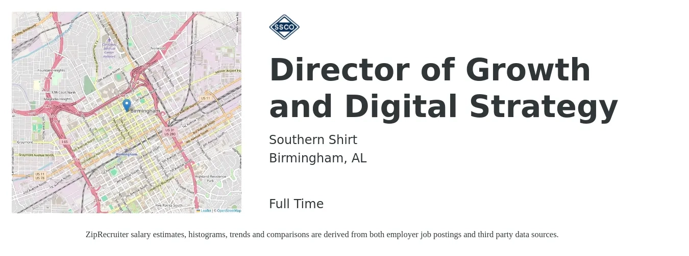 Southern Shirt job posting for a Director of Growth and Digital Strategy in Birmingham, AL with a salary of $100,300 to $164,900 Yearly with a map of Birmingham location.