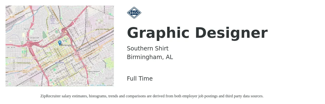 Southern Shirt job posting for a Graphic Designer in Birmingham, AL with a salary of $20 to $30 Hourly with a map of Birmingham location.